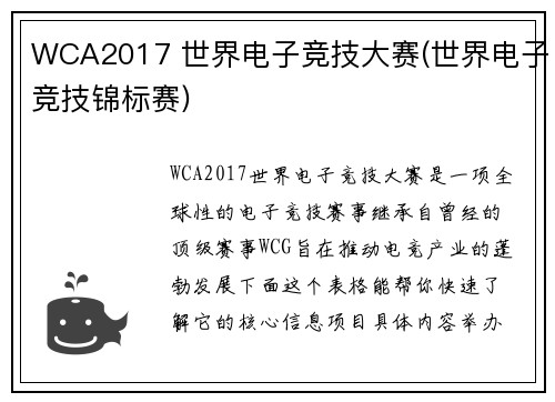 WCA2017 世界电子竞技大赛(世界电子竞技锦标赛)